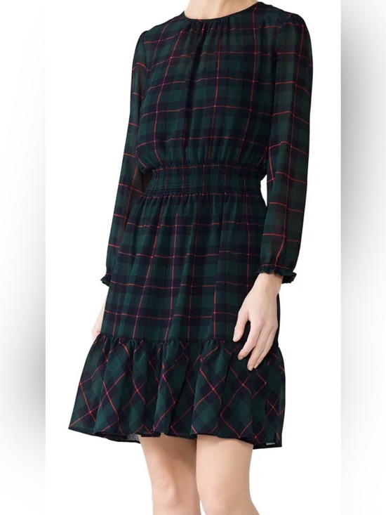 J. Crew Dresses & Skirts - J. Crew Glendale Green & Navy Plaid Cinched Waist Sheer Mini Dress Size M